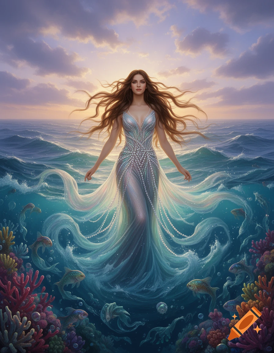 A goddess with long brown hair and a sparkling dress rises from the ...