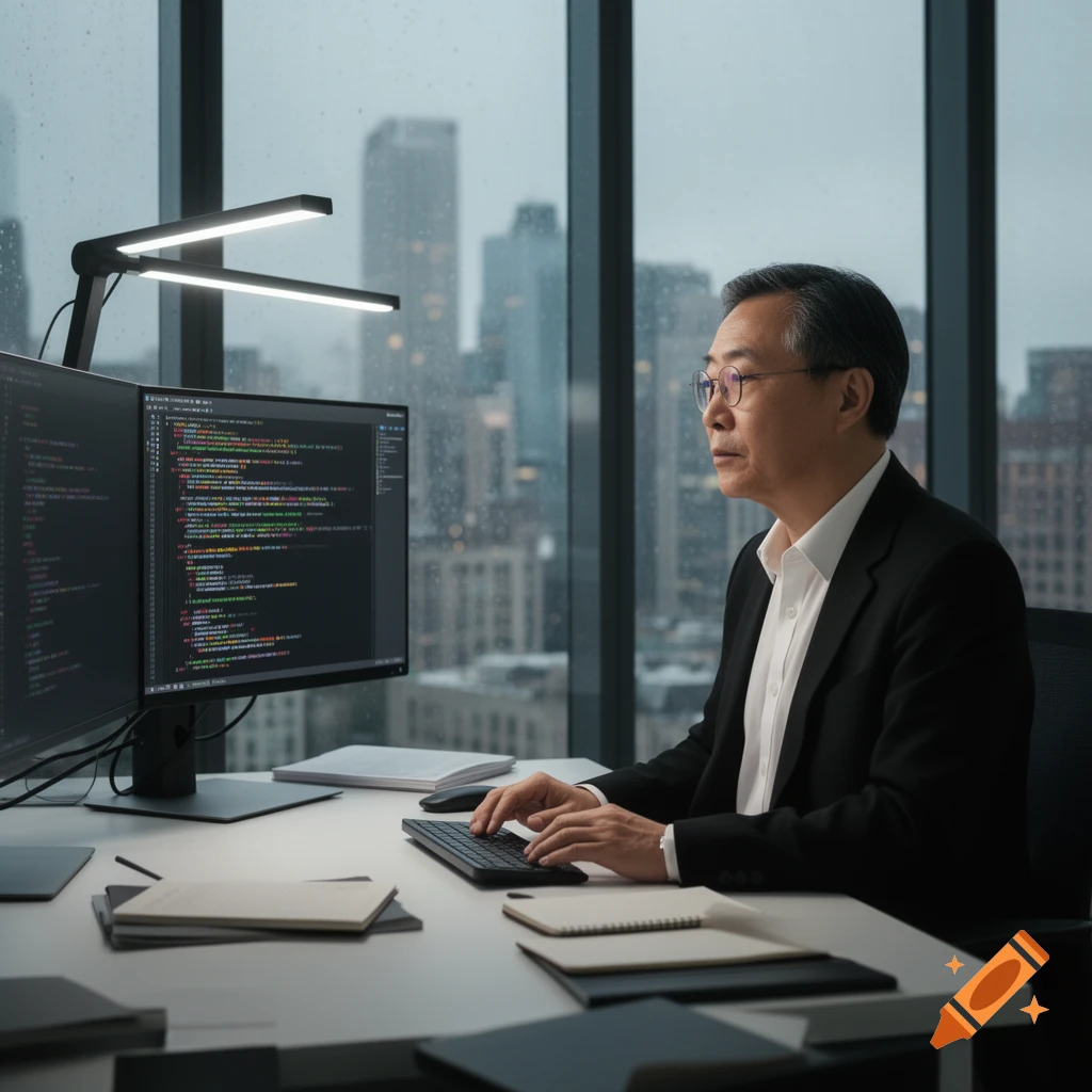 An elderly Asian man in a suit and glasses types on a keyboard, looking at code on a dual monitor setup in a modern office with city views.
