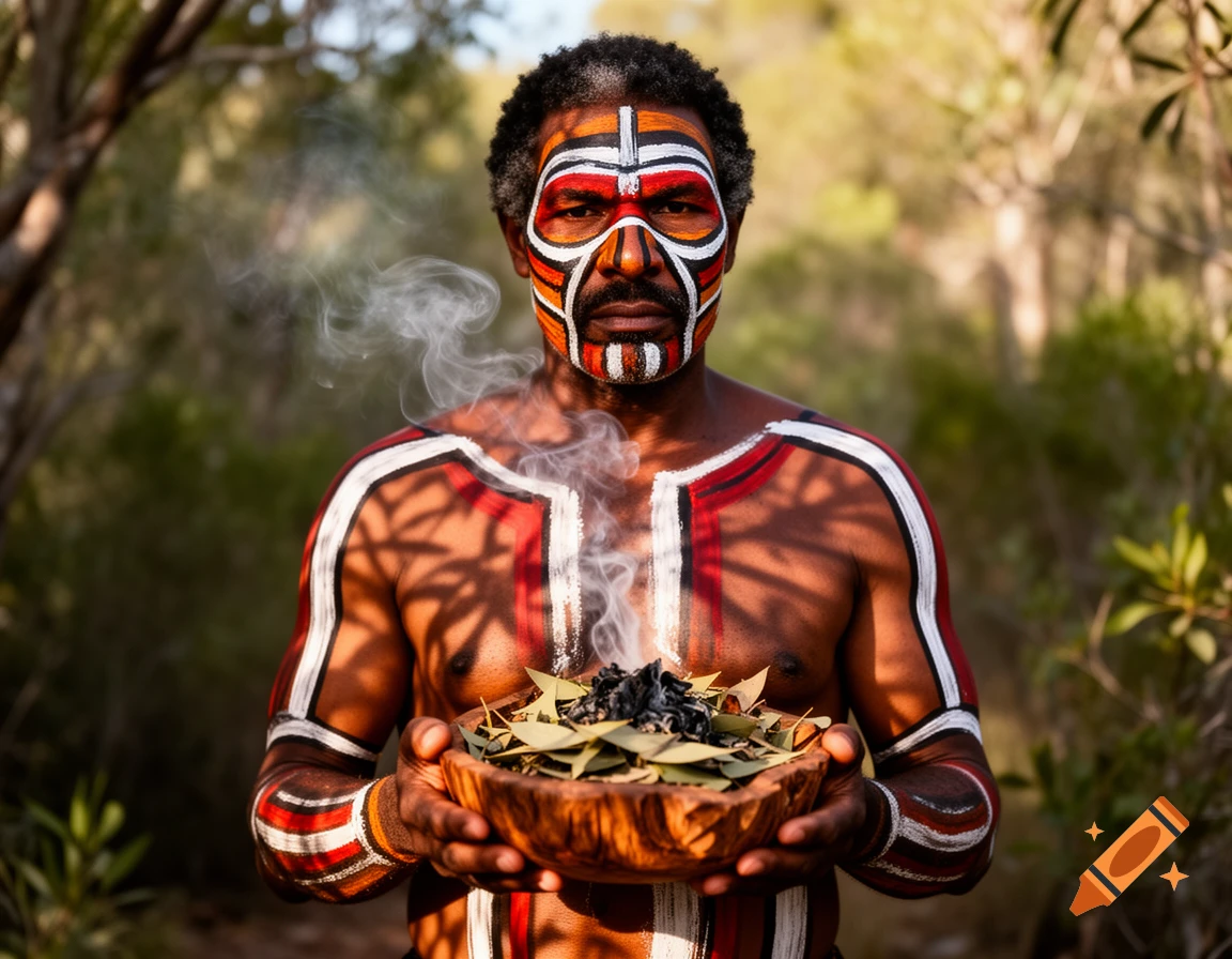 Photorealistic portrait of an Indigenous man with red, white, and black body paint, holding a smoking bowl of leaves in a forest.