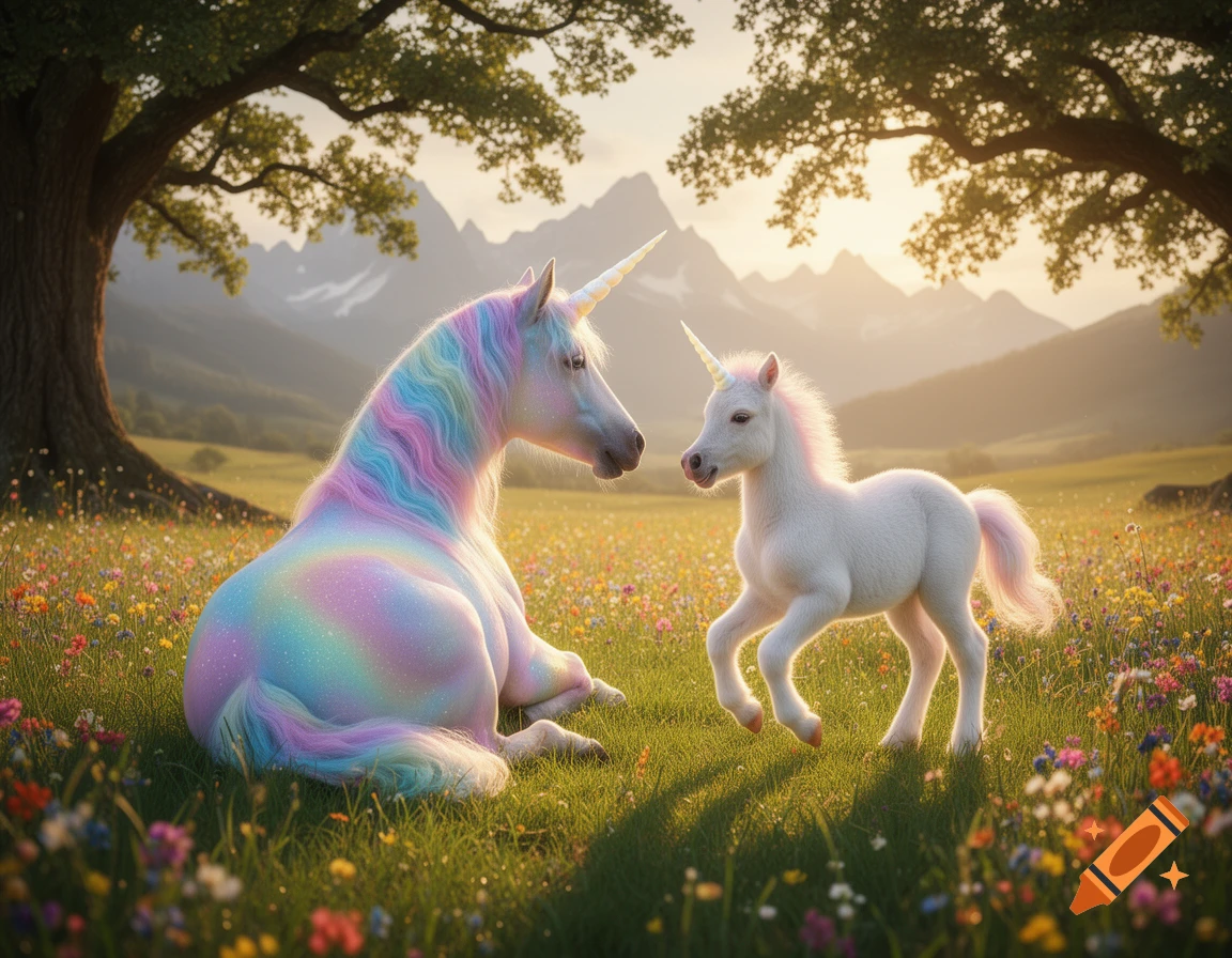 A colorful adult unicorn sits with a cute baby unicorn in a vibrant wildflower meadow at sunset, with trees and mountains.