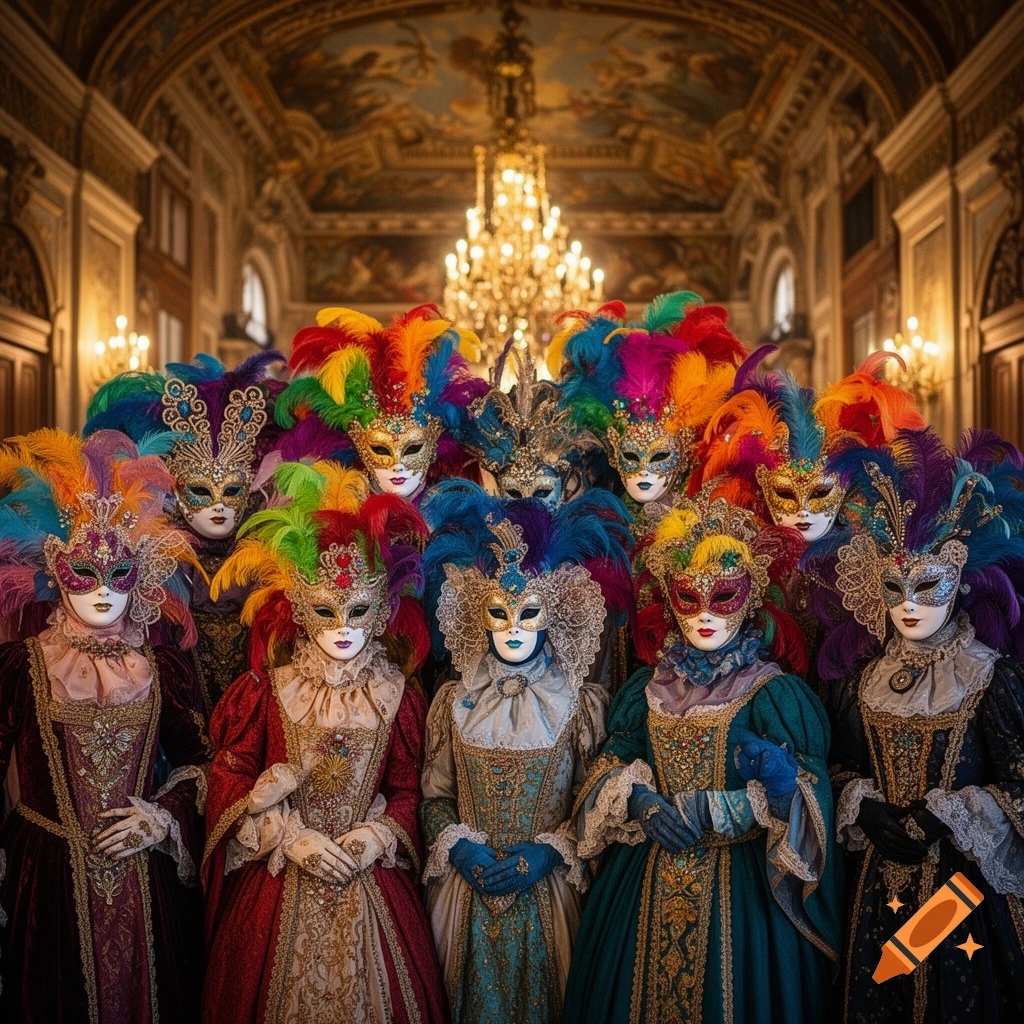 A group of people in ornate, colorful Venetian Carnival masks and elaborate period costumes stand in a grand hall.