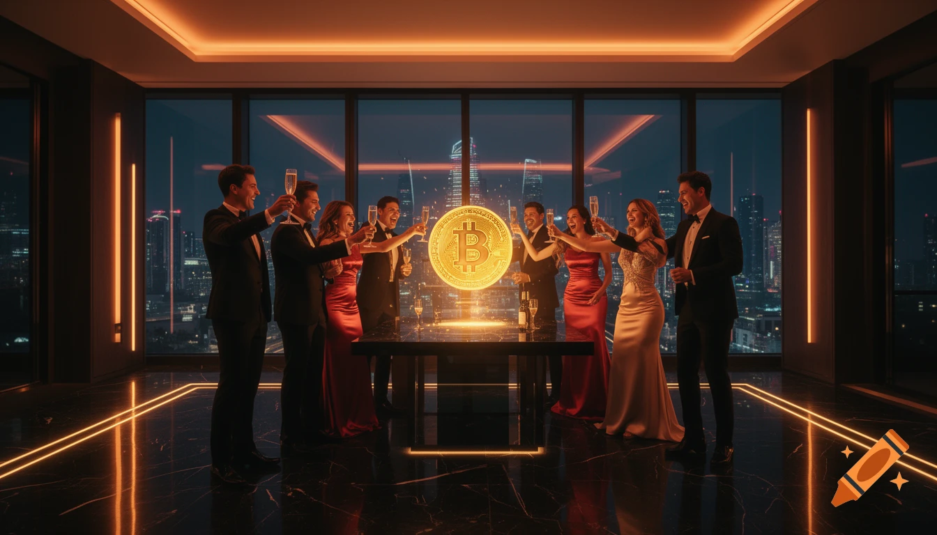 People in formal wear celebrate around a glowing Bitcoin hologram in a luxurious penthouse overlooking a city skyline at night, Cyberpunk-Chic style.