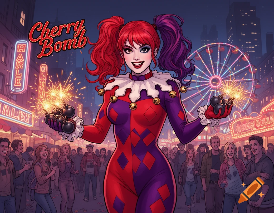 A red-haired character in a red and purple jester costume, named "Cherry Bomb", holds sparking bombs, smiling in a vibrant carnival at night with a Ferris wheel.