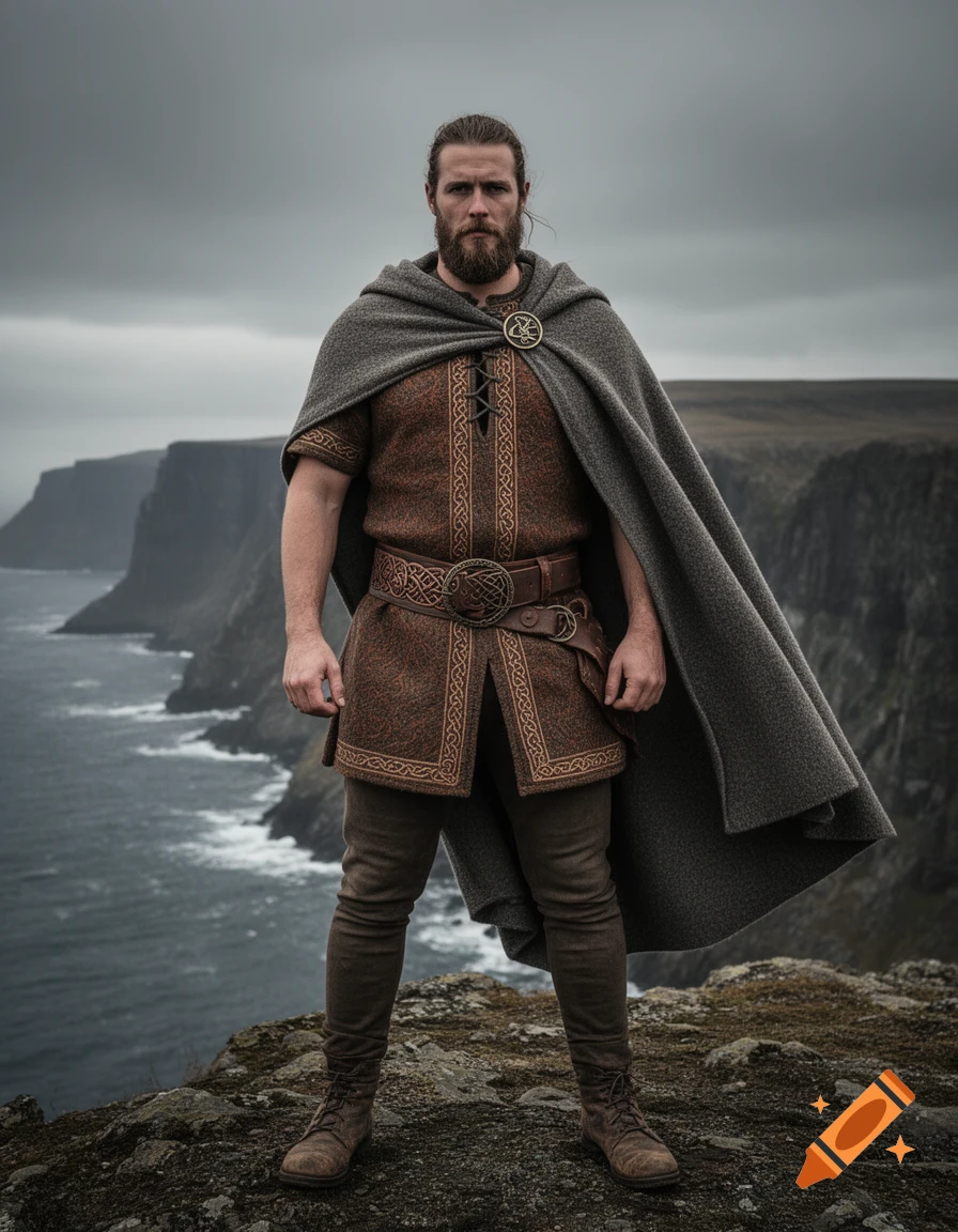 A rugged man in Viking attire stands stoically on a rocky cliff overlooking a stormy sea under a grey sky.