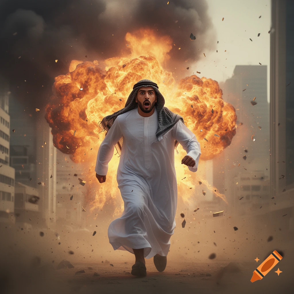 Photorealistic image of an Arabic man running in fear from a large explosion with debris flying on a city street.