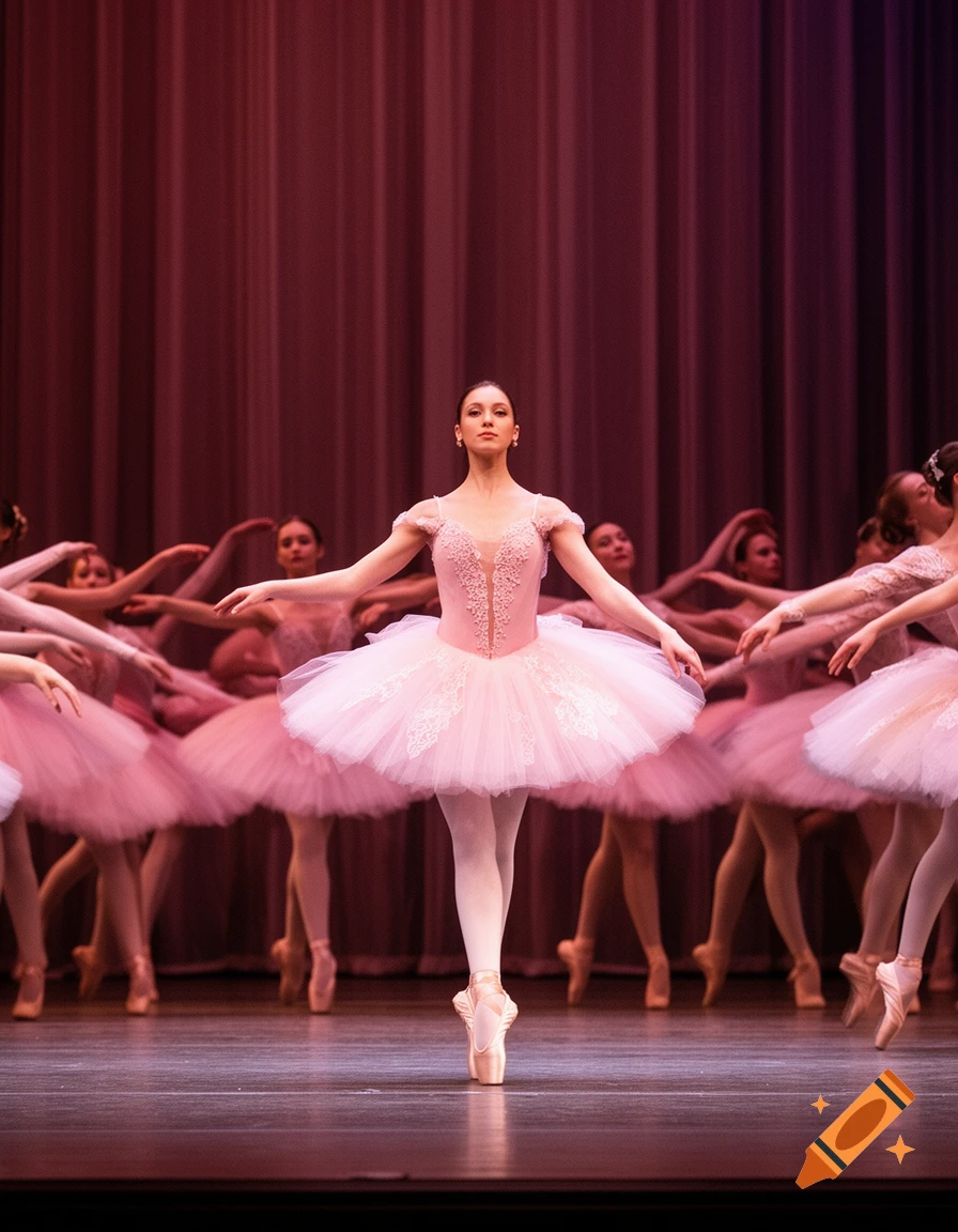 A lead ballerina in a pink tutu and pointe shoes stands en pointe on a stage with a red curtain, surrounded by other dancers.
