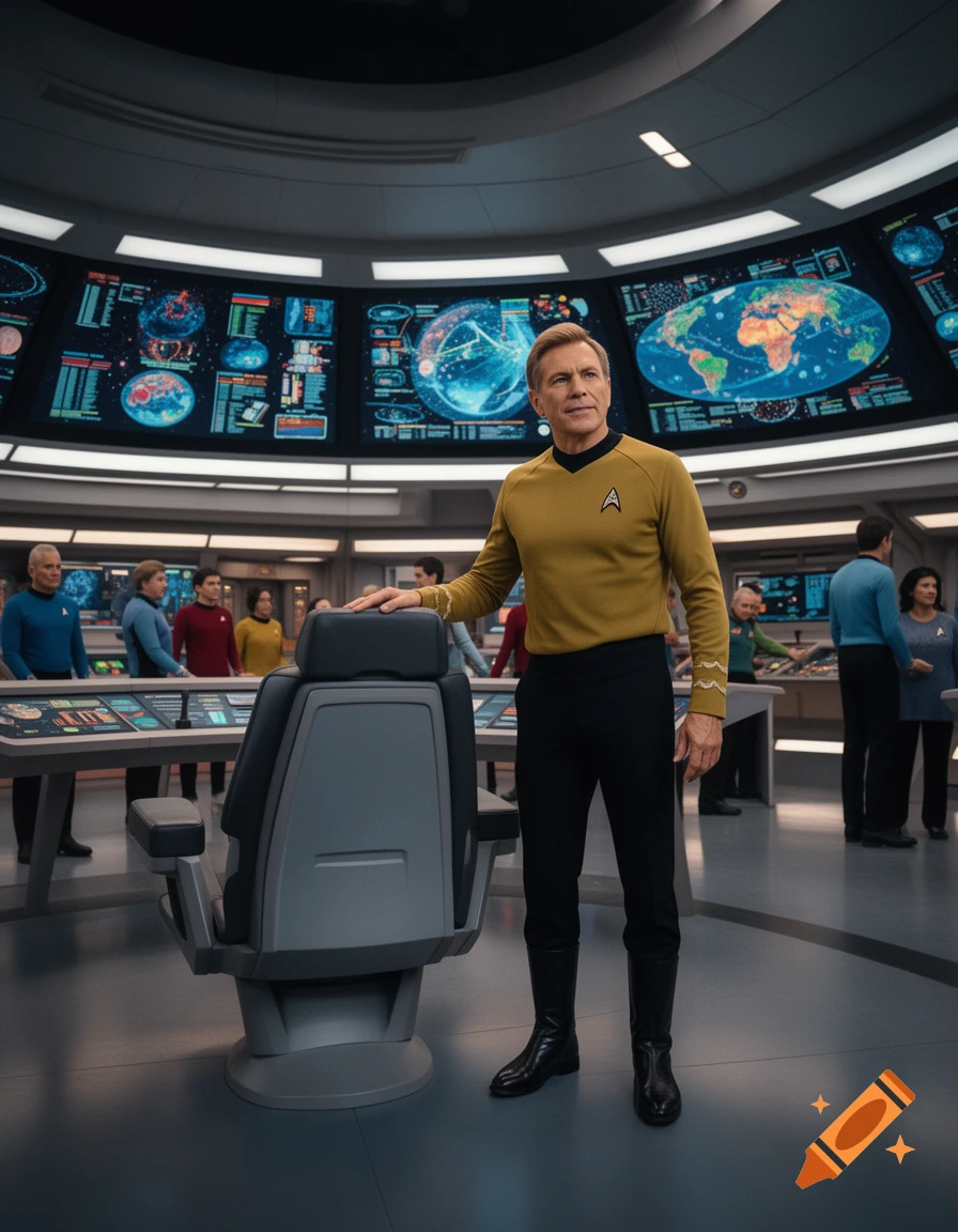 A man in a gold Starfleet-like uniform stands on a futuristic spaceship bridge with many large data screens. Photorealistic.