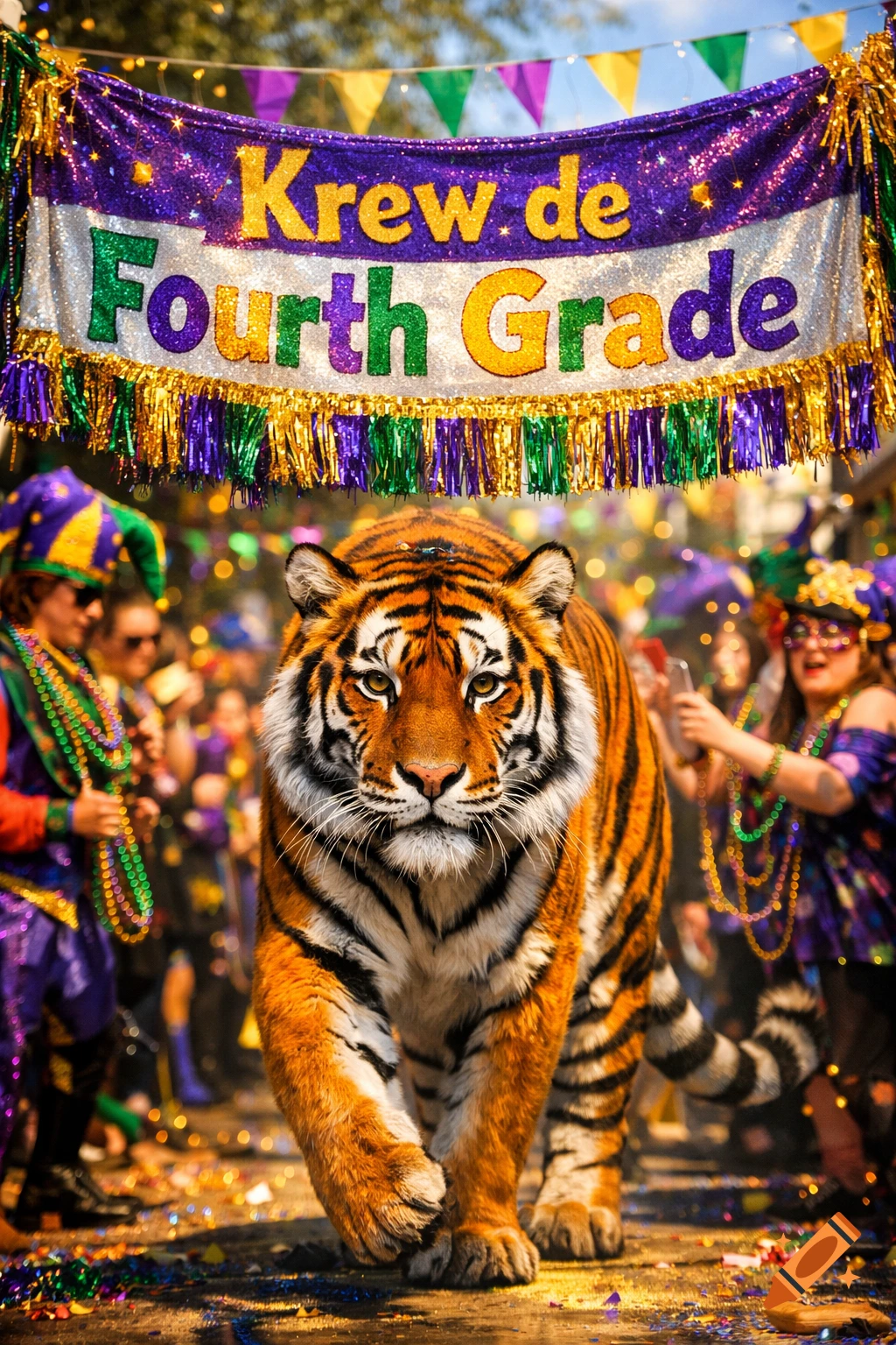 A photorealistic tiger walks through a vibrant Mardi Gras parade under a 'Krew de Fourth Grade' banner, surrounded by confetti.