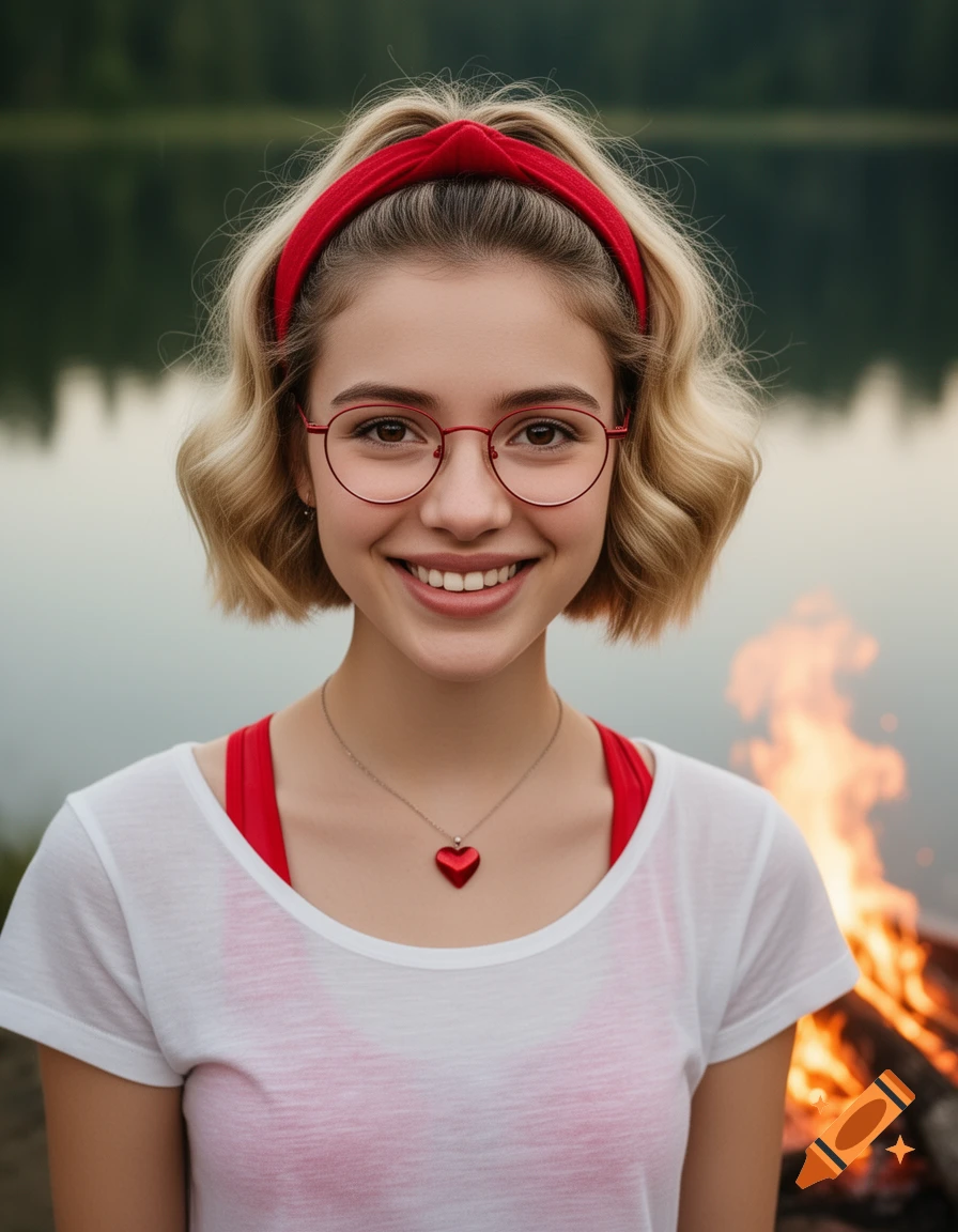 Photorealistic portrait of a smiling young woman with blonde bob, red headband, red glasses, and a heart necklace, outdoors by a campfire and lake.