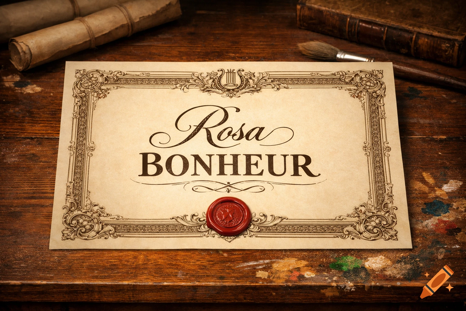 Vintage diploma-like document with 'Rosa BONHEUR' in ornate script, featuring a red wax seal on a wooden desk with scrolls and a paintbrush.