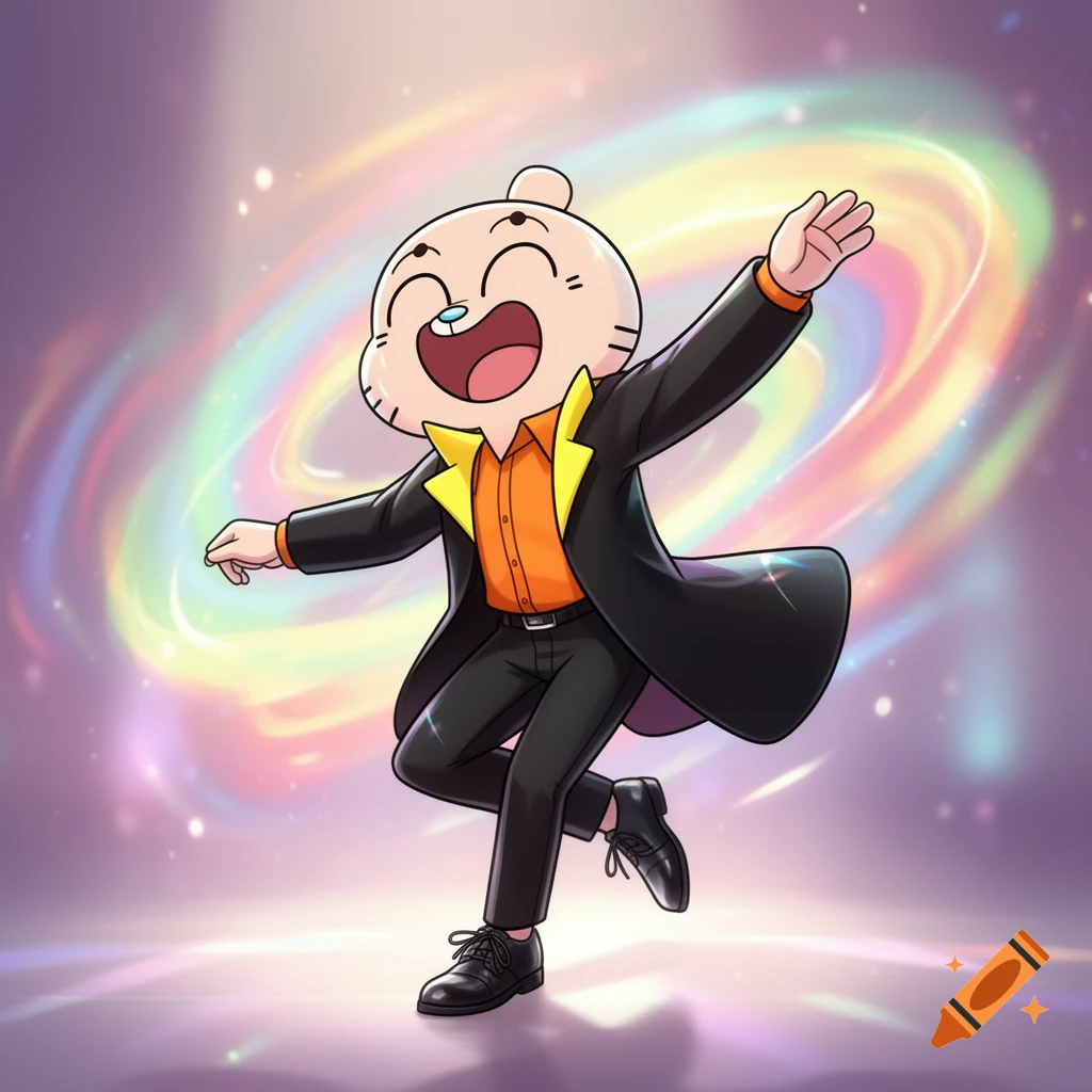 Gumball from TAWOG dancing in a black jacket with a yellow collar, an orange shirt, and black pants, against a swirling rainbow background.