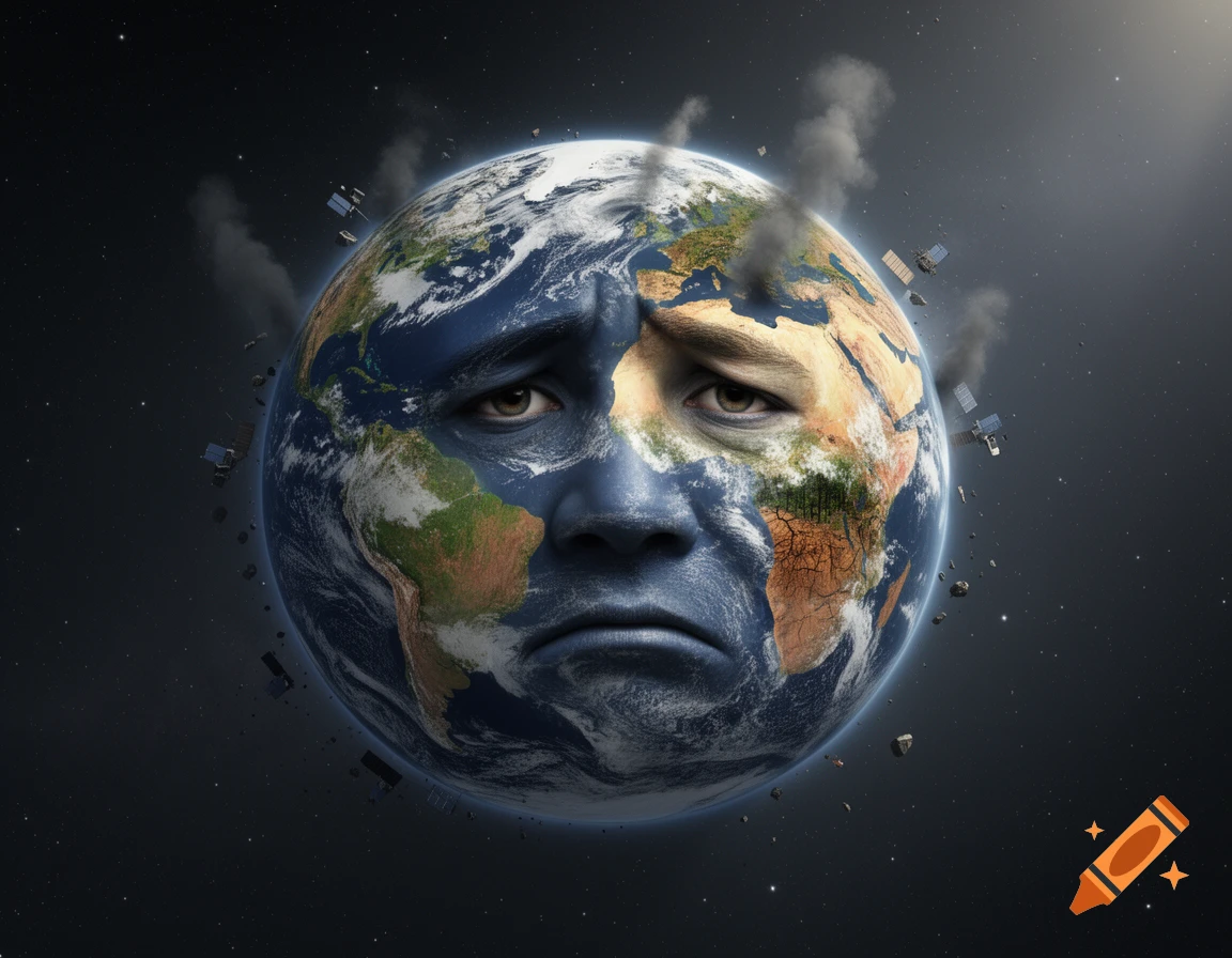 The Earth depicted with a sad, pained human face, surrounded by smoke and space debris against a starry background.