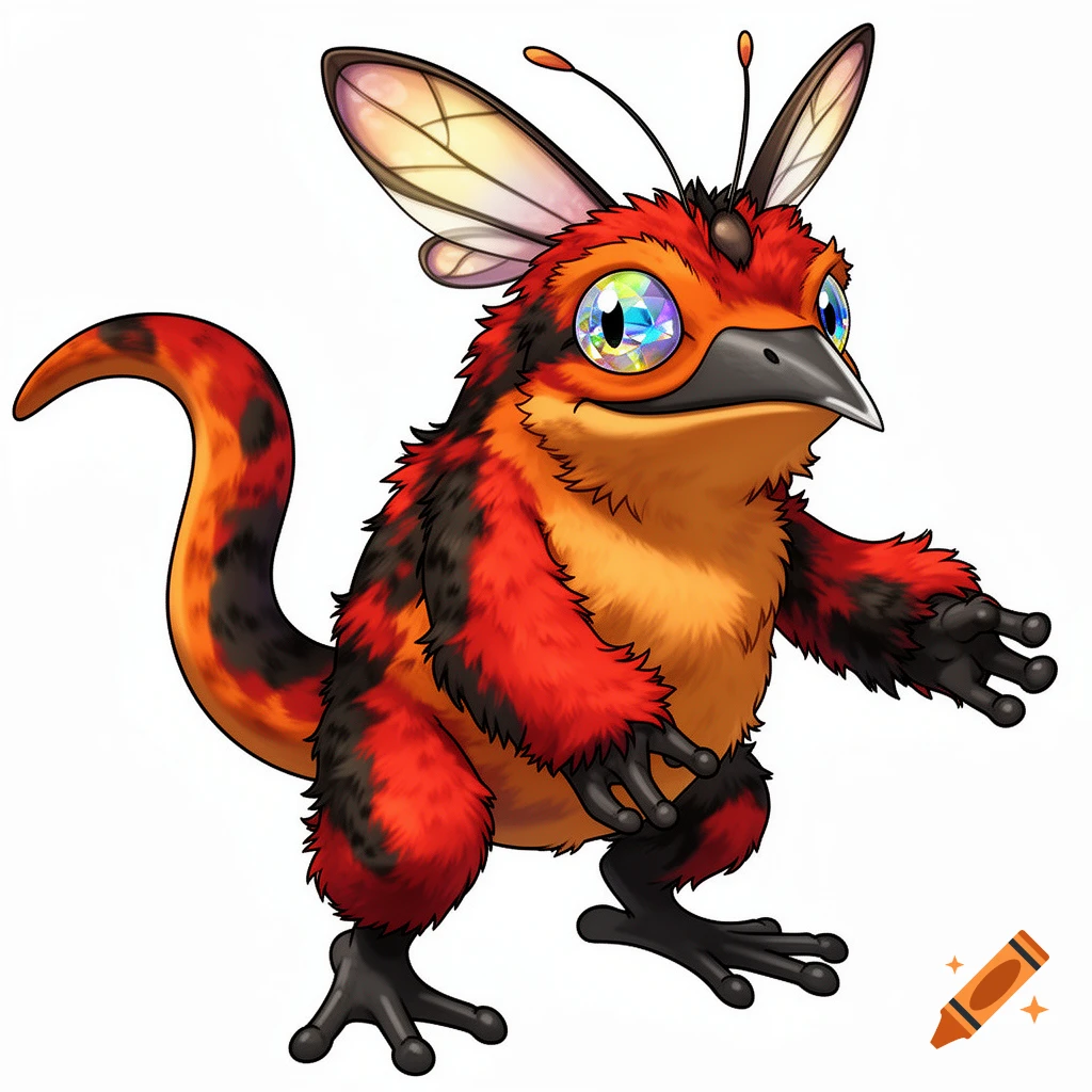 A cartoon-style red, orange, and black fuzzy creature with insectoid eyes, a bird beak, bird feet, a lizard tail, and moth wings on its head.