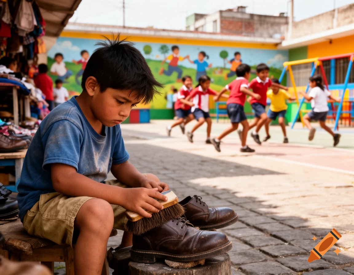 A boy with a serious expression polishes shoes in the foreground, while blurred children play in a colorful schoolyard behind him.