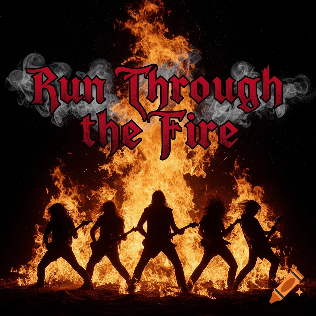 Silhouette rock band playing guitars in front of a huge fire, with text "Run Through the Fire" above.