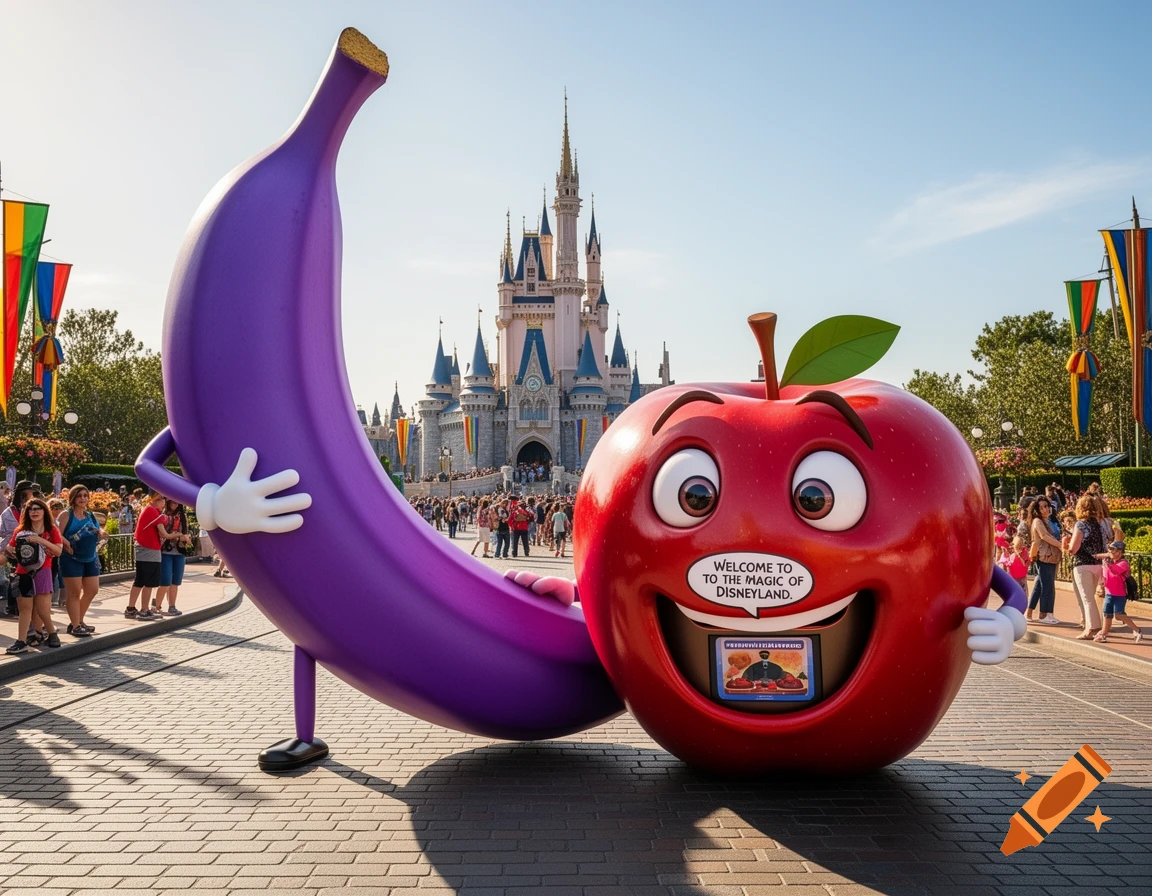 A giant purple banana mascot holds a red talking apple mascot with a speech bubble saying "Welcome to Disneyland," in front of Cinderella's castle.