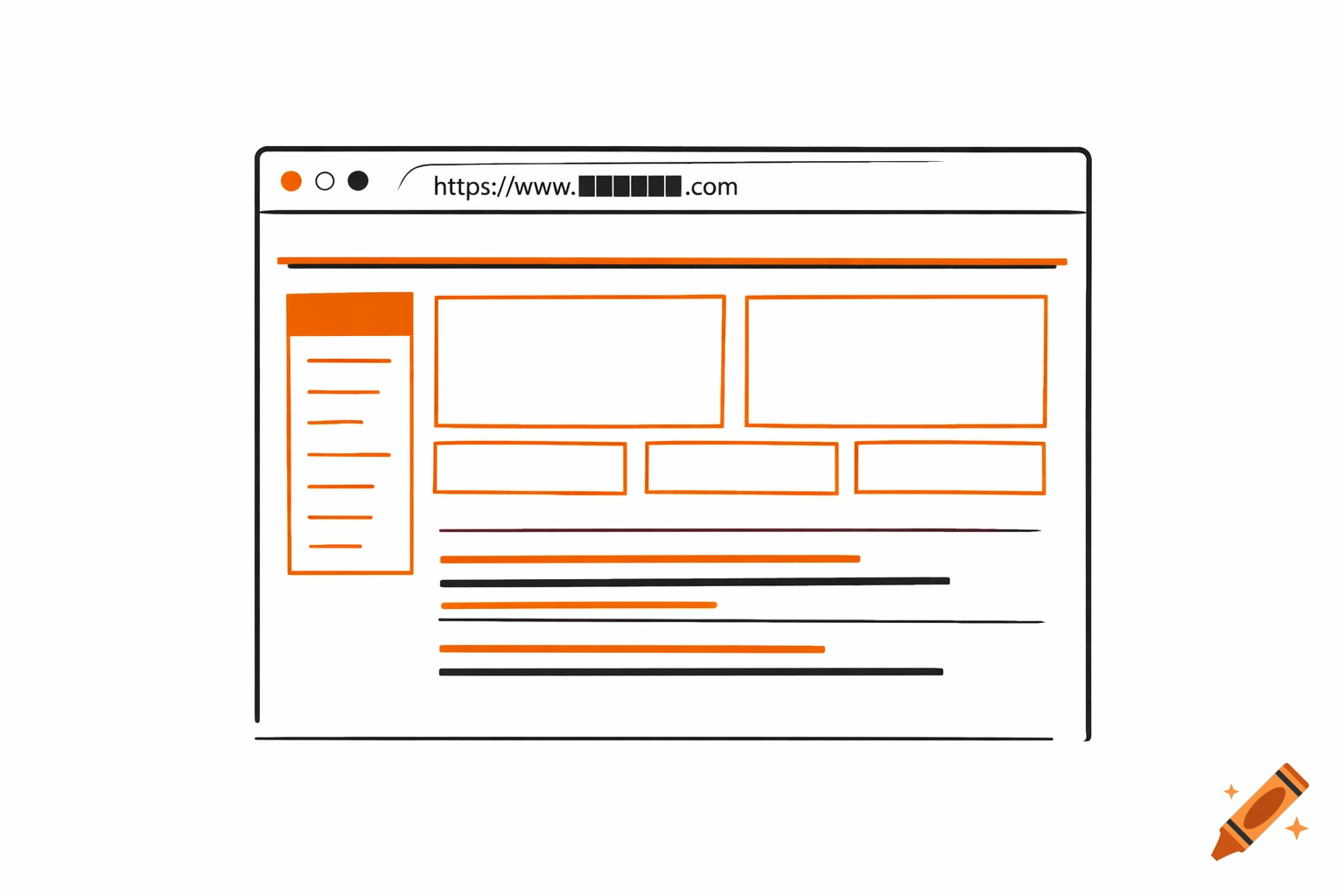 A minimalist orange and black sketch of a web browser window displaying a website layout with an obscured web address.