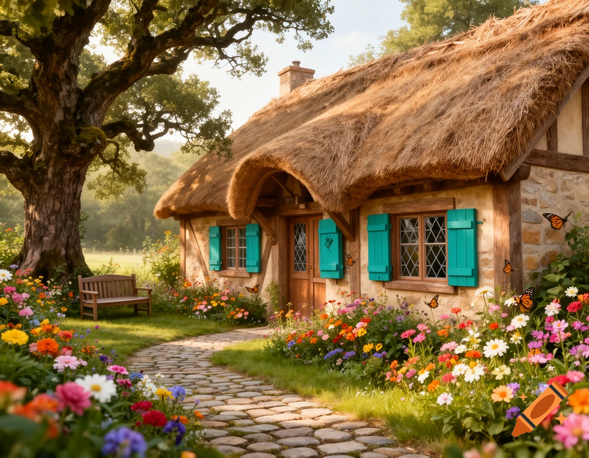 A charming thatched-roof cottage with teal shutters, surrounded by a vibrant flower garden, a stone path, and a large ancient tree.