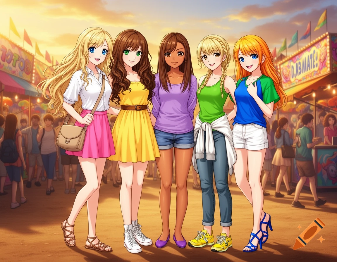 Five anime-style young women with varying hair colors and outfits standing together at a bustling summer carnival.