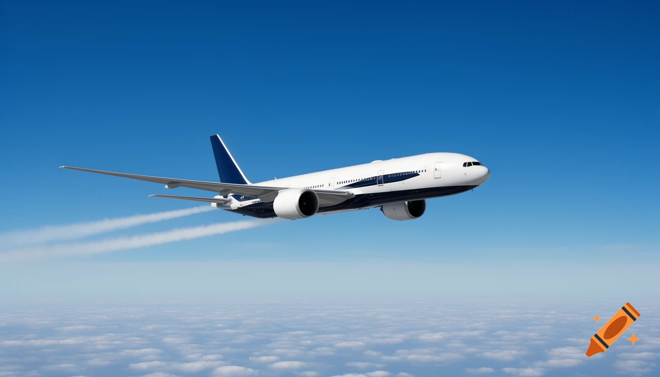 A white and blue Boeing 777 airplane flying high above white clouds against a clear blue sky.