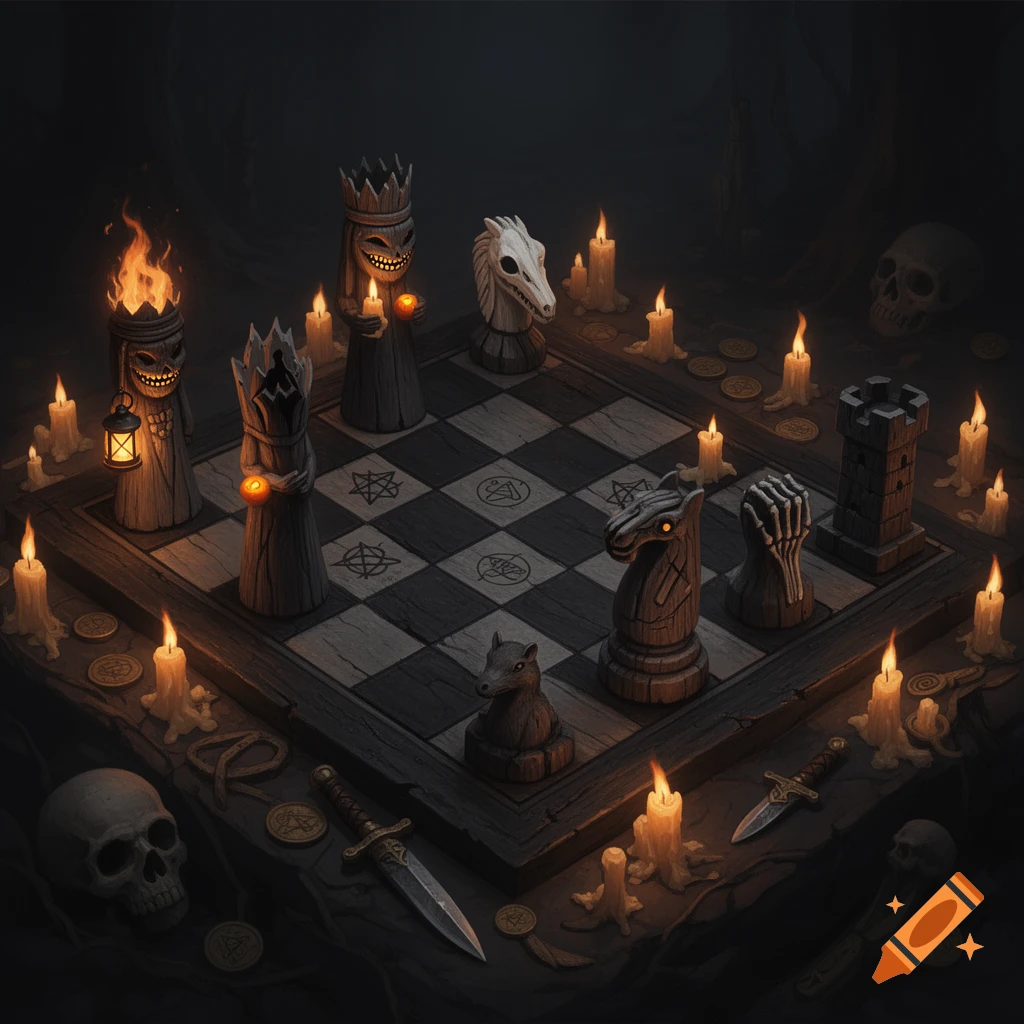 A dark, eerie, candlelit chessboard with occult symbols on its squares. The carved wooden chess pieces resemble menacing figures, skulls, and a rat, surrounded by skulls, daggers, and coins.