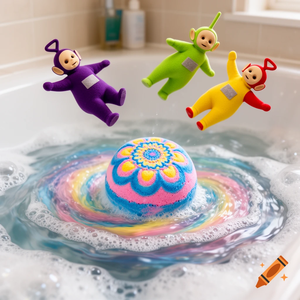 Purple, green, and yellow Teletubbies float above a vibrant rainbow bath bomb fizzing in a bubbly white bathtub.