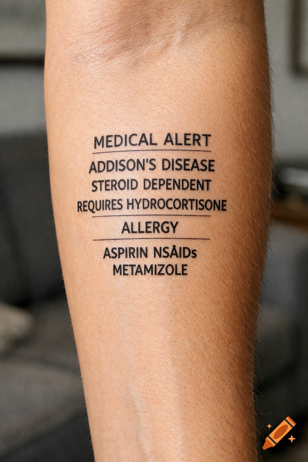 A close-up of a forearm with a black medical alert tattoo, detailing Addison's Disease, steroid dependency, hydrocortisone, and allergies.