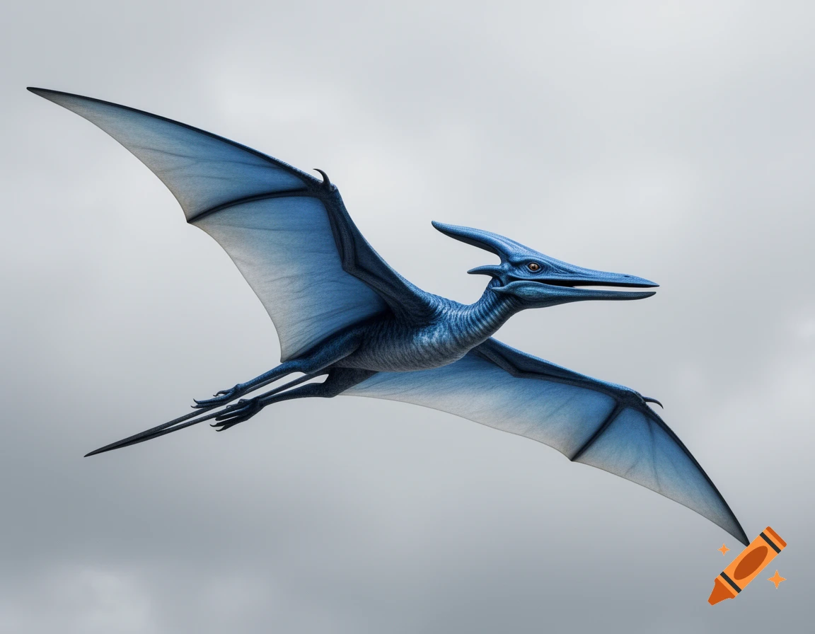 A blue Pteranodon-like creature with translucent wings and a high head crest flies against a light grey sky.