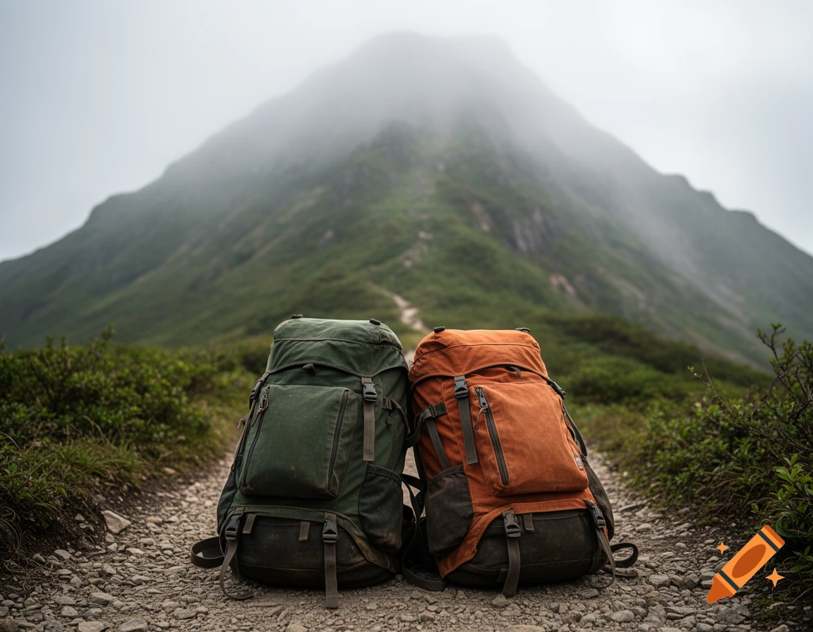 Two hiking backpacks, one green and one orange, rest on a rocky trail with a foggy mountain in the background.