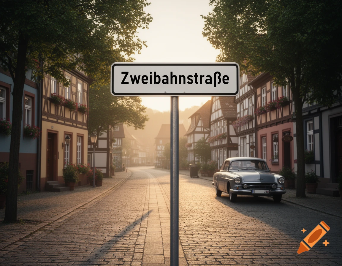 A cobblestone street in a historic European town with half-timbered houses and a vintage car, features a street sign 'Zweibahnstraße' at sunset.