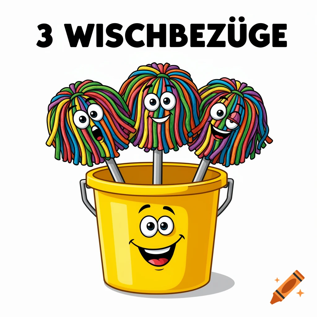 Three colorful cartoon mops with unique faces stick out of a smiling yellow bucket. Above them, bold text reads "3 WISCHBEZÜGE".