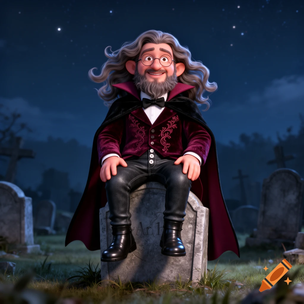 A friendly dwarfish vampire with wavy hair, bushy beard, glasses, a velvet coat, and a cape sits on a tombstone in a graveyard at night, in a 3D animation style.
