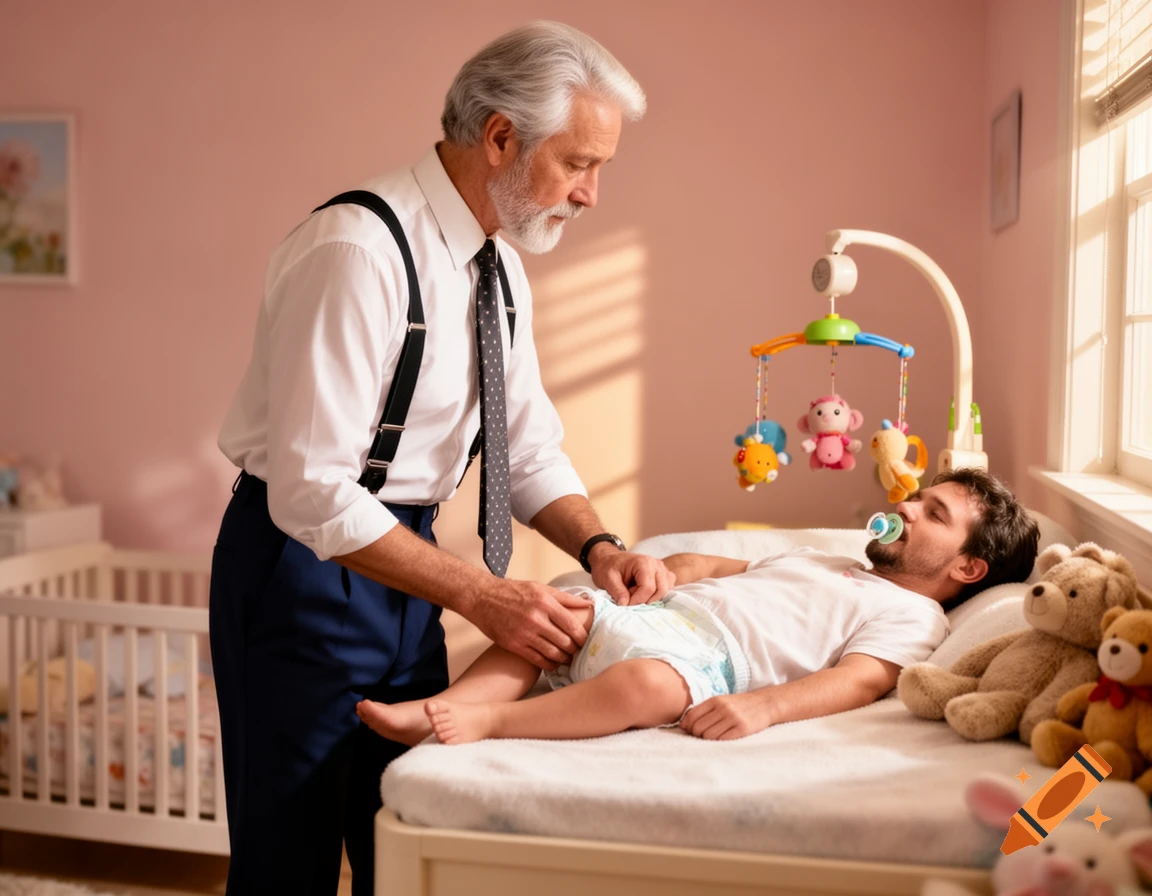 A senior man in a white shirt, tie, and suspenders changes a young adult man's diaper on a changing table in a nursery. The younger man uses a pacifier as a mobile hangs overhead.