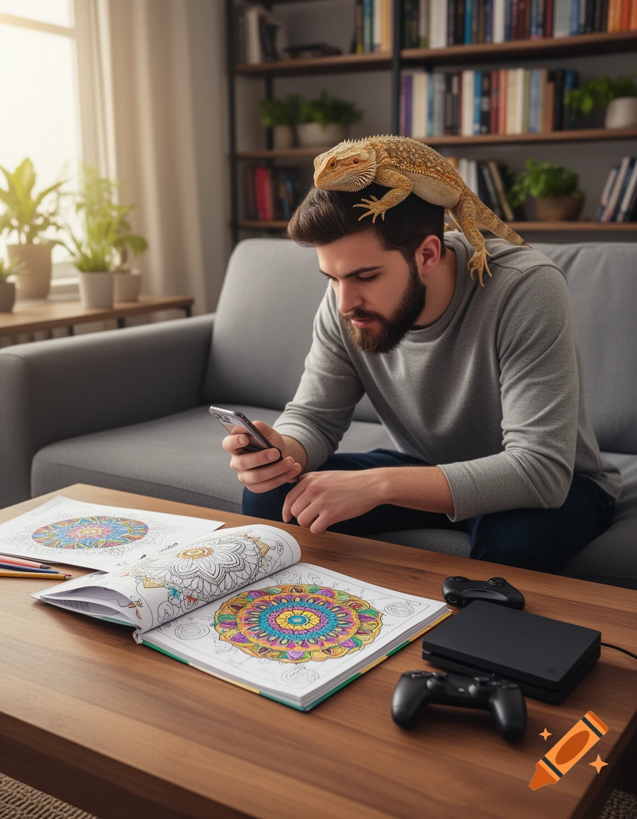 A man on a sofa with a bearded dragon on his head uses a phone, next to a coloring book and a PlayStation on a coffee table.