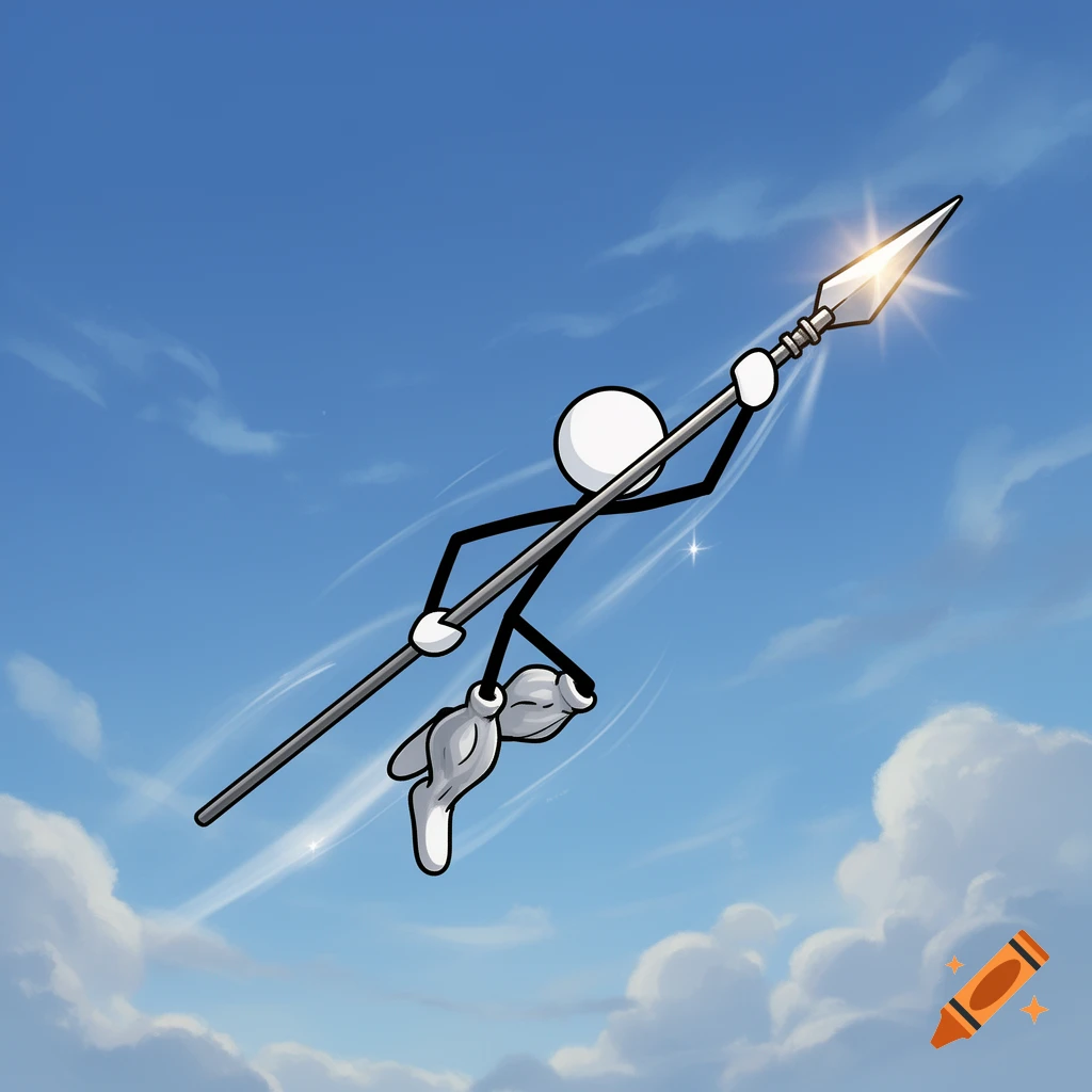 A stickman with buff legs flies through a cloudy blue sky, holding a spear pointed upwards in a cartoon style.