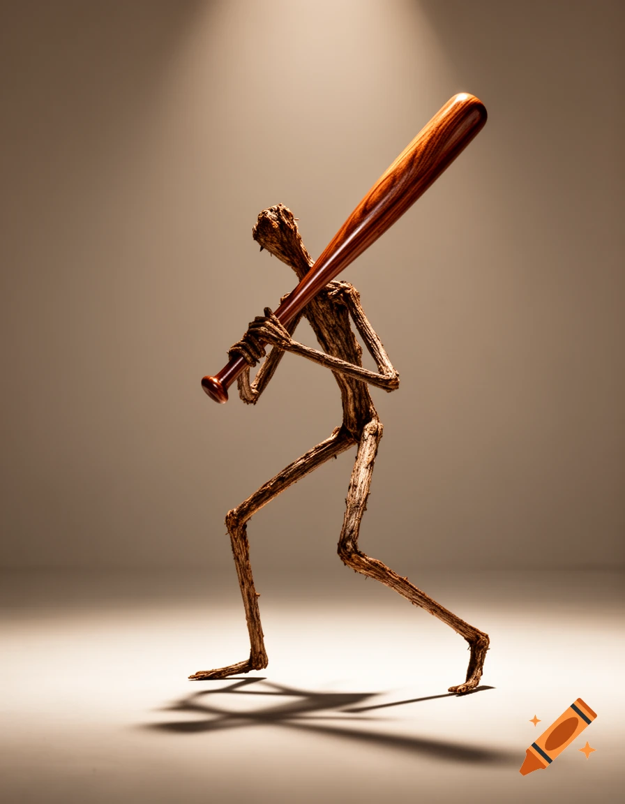 A gnarled branch figure holds a polished wooden baseball bat, posed like a batter under a spotlight.