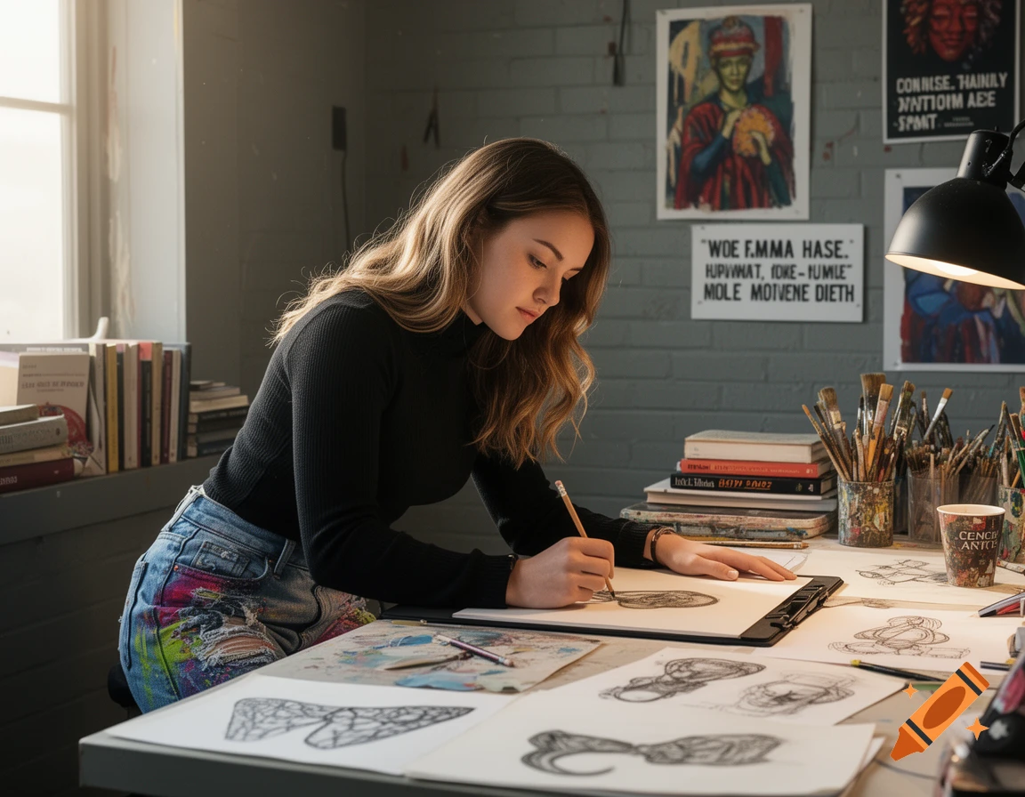 A young woman with long brown hair, wearing a black turtleneck and paint-splattered jeans, draws in a sketchbook at a sunny studio desk.