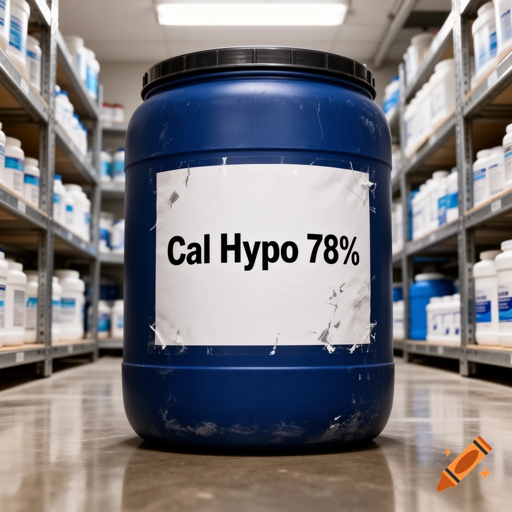 Large blue barrel labeled 'Cal Hypo 78%' sits on a warehouse floor, with shelves of bottles in the background.