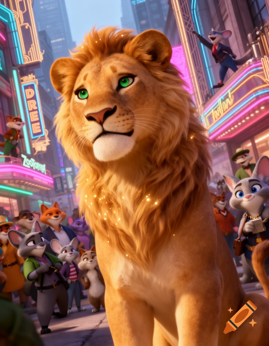 A majestic lion with green eyes sits in a vibrant, neon-lit city with various anthropomorphic animals in an animated style.