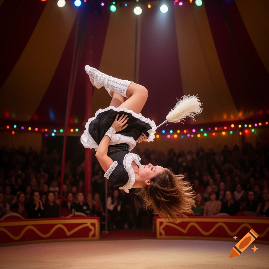A woman dressed as a maid performs an acrobatic flip mid-air while holding a feather duster in a circus tent, with an audience in the background.