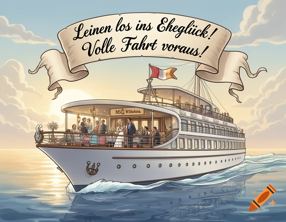 Cartoon illustration of a wedding party on the MS Wilhelma cruise ship, sailing at sunset with a banner.