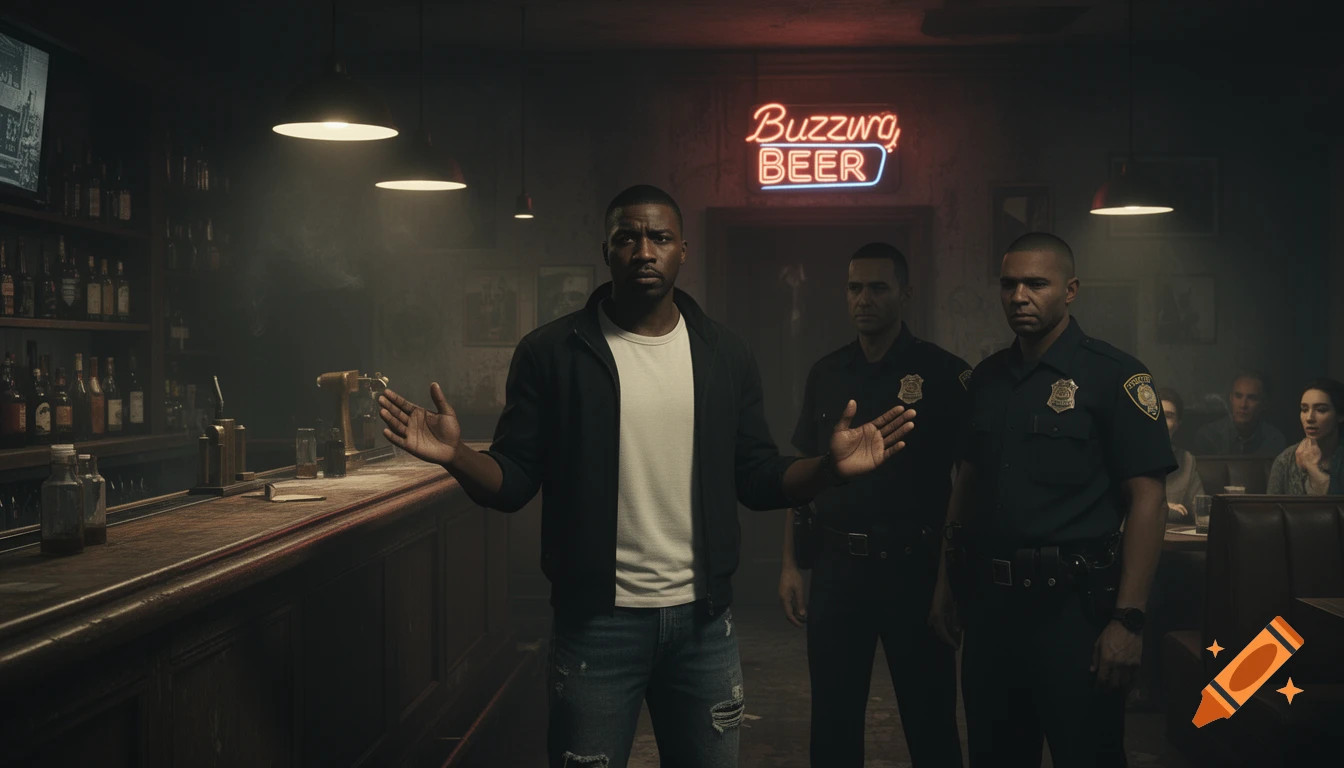 A Black man with hands up surrendering to two police officers in a dimly lit bar, in a photorealistic noir style.