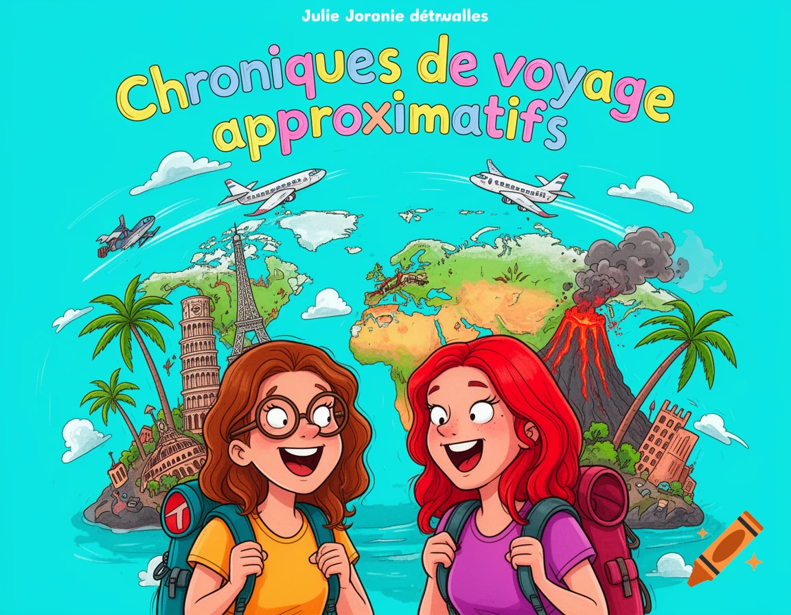 Colorful cartoon illustration of two women travelers with backpacks in front of a world map surrounded by famous landmarks and airplanes, with text about travel.