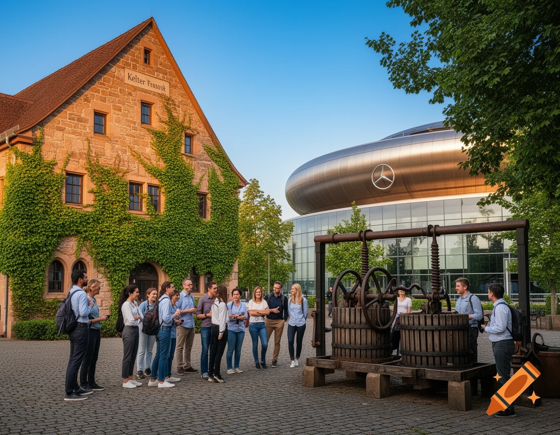 A group of people on an outdoor tour, standing between an old, ivy-covered stone building and a modern, silver, oval-shaped Mercedes-Benz museum under a clear sky.