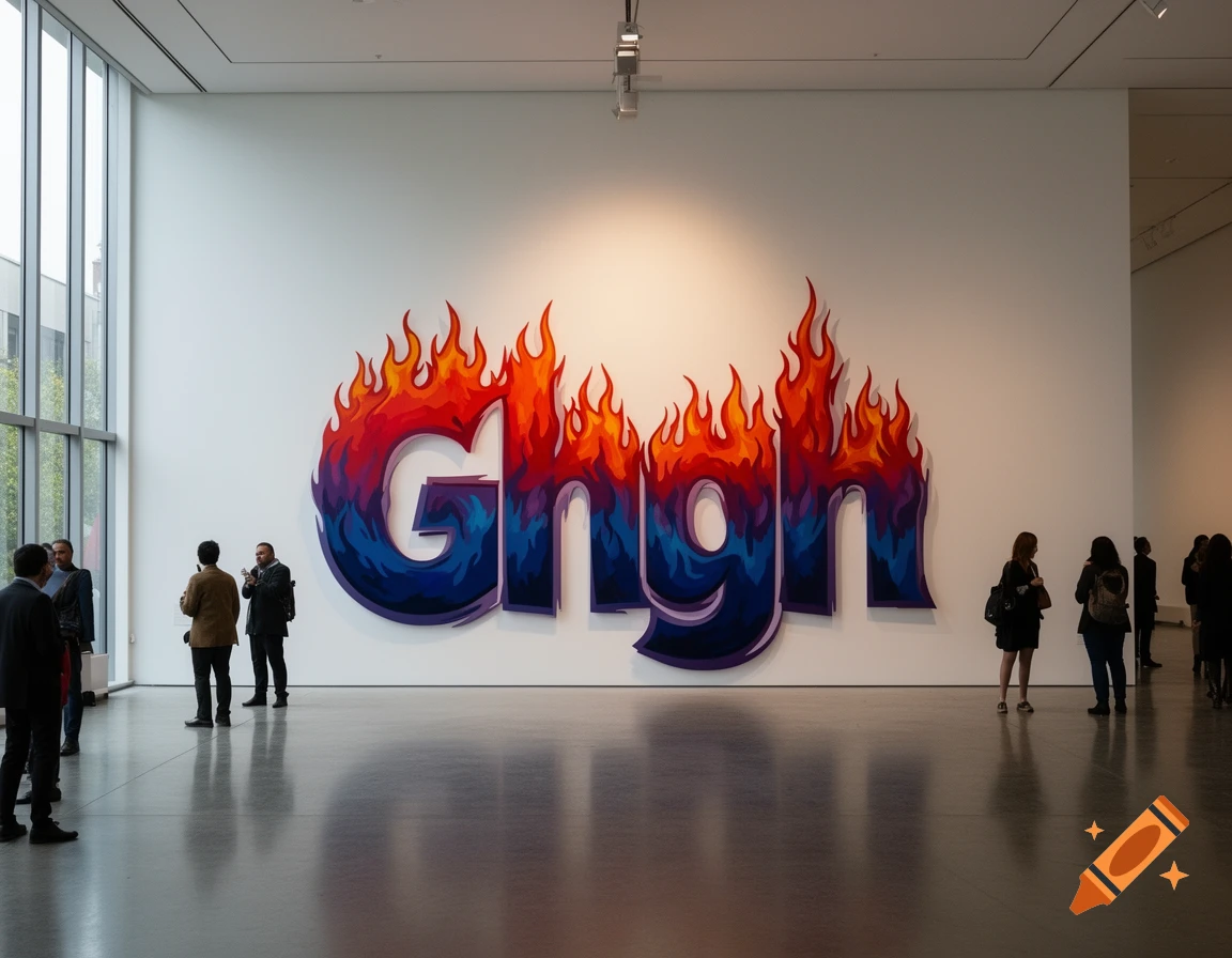 People view a large "Ghgh" artwork painted with fiery, colorful flames on a white wall in a modern art gallery.