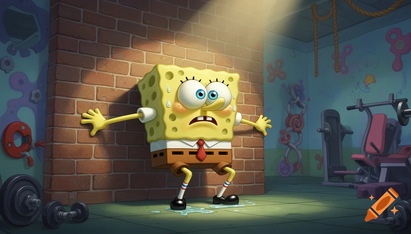 SpongeBob SquarePants pushes a brick wall in a cartoon gym, sweating and struggling.