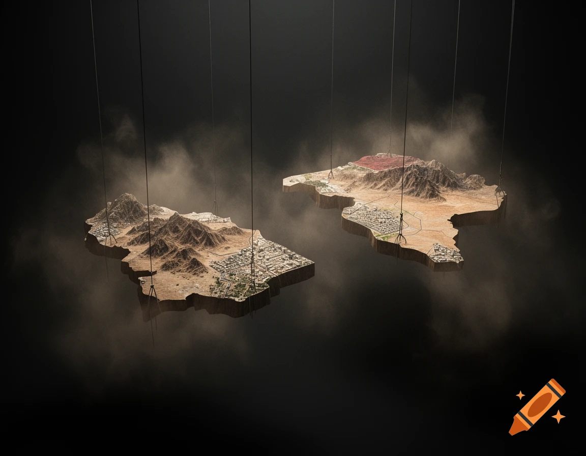 Two detailed, floating landmasses, resembling Syria and Yemen, suspended by strings in a dark, smoky atmosphere.
