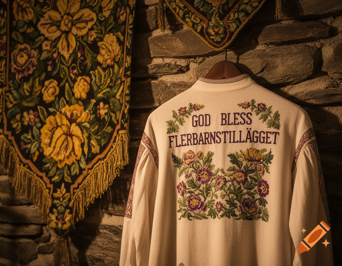 An embroidered white garment with 'GOD BLESS FLERBARNSTILLÄGGET' and floral patterns hangs on a stone wall next to a yellow floral tapestry.