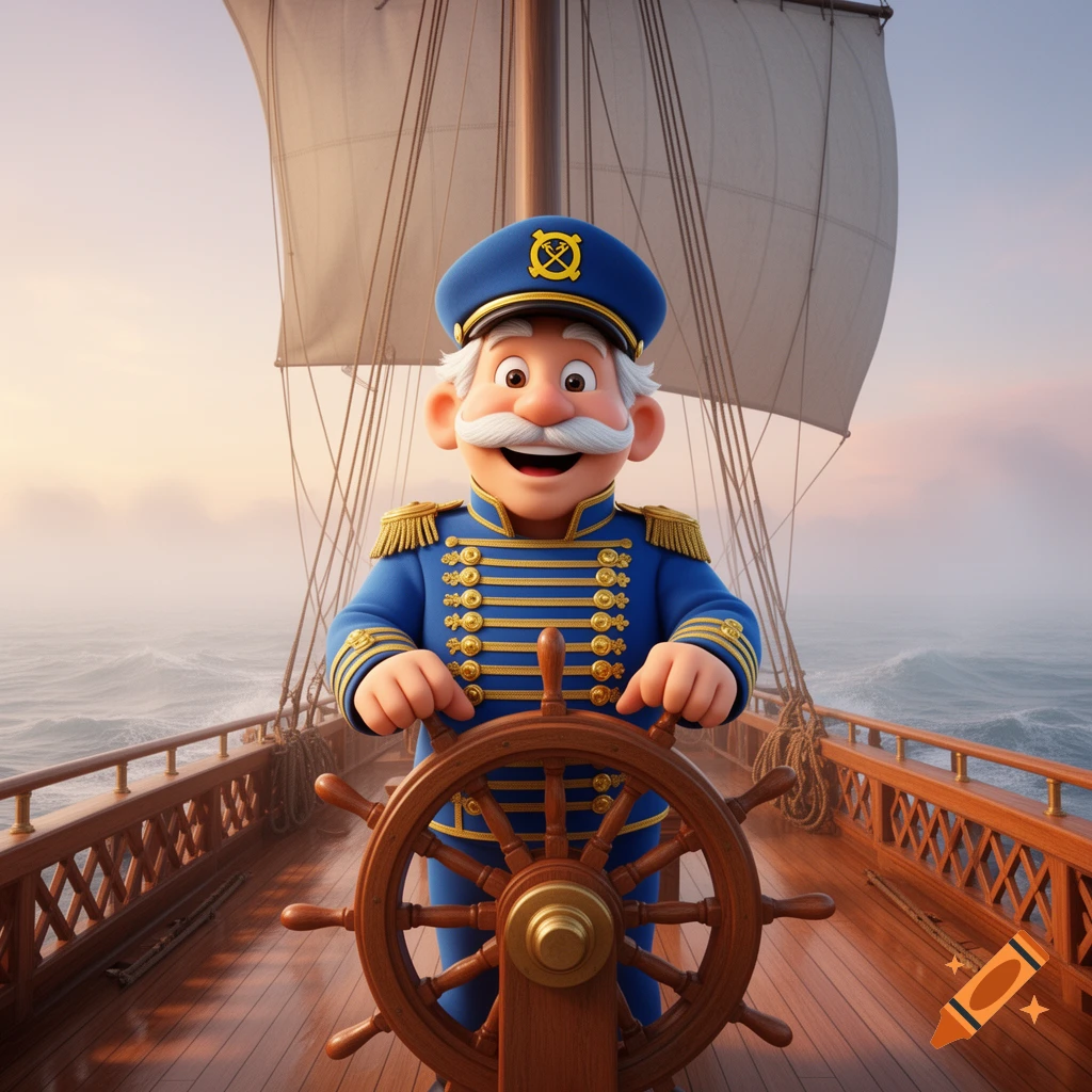 A cheerful, photorealistic cartoon captain with a white mustache and a blue uniform steers a wooden ship at sea.