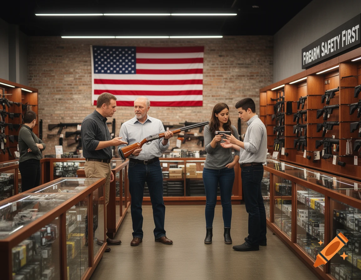 People looking at and handling firearms in a modern gun store with an American flag on a brick wall.